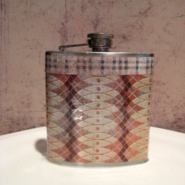 Flask, 6 oz Stainless Steel, Earth Tone Pattern Mens Whiskey Flask, Resin Coated