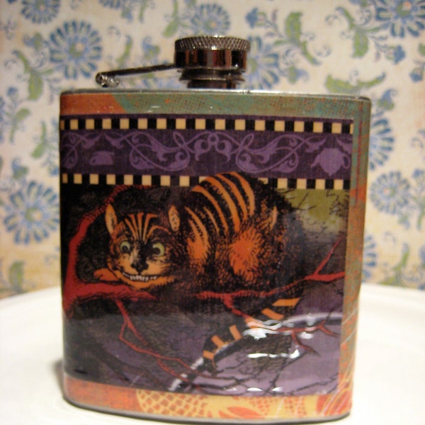 Stainless Steel Flask 6 oz, Cheshire Cat, Alice in Wonderland, Resin Coated