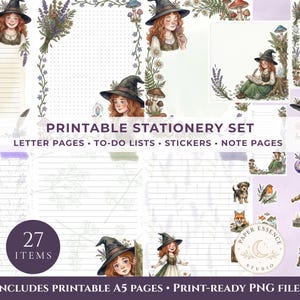 Pode incluir: Um conjunto de papelaria imprimível com ilustrações de uma bruxa, cogumelos e elementos florais. O conjunto inclui páginas de cartas, listas de tarefas, autocolantes e páginas de notas. O texto diz "PRINTABLE STATIONERY SET" e "27 ITEMS". Inclui páginas A5 imprimíveis e ficheiros PNG prontos para impressão.