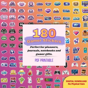 Puede incluir: Una colección de 180 pegatinas de jugador con varios gráficos y textos relacionados con los juegos. Las pegatinas son coloridas y presentan frases como "Game Over" e imágenes de mandos y personajes. La imagen también incluye el texto "PDF Printable".