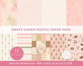 Sweet Charm Digital Paper Pack, Printable Scrapbook Paper, Pastel Pattern Paper, A4 US Letter PDF, Cute Craft Paper, Instant Download