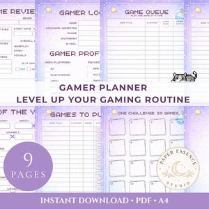 Pode incluir: Um planejador de jogos digital com um design roxo e branco. O planejador inclui seções para análises de jogos, um registro de jogadores, uma fila de jogos e uma lista de desejos. O texto "Gamer Planner" e "Level Up Your Gaming Routine" são visíveis.