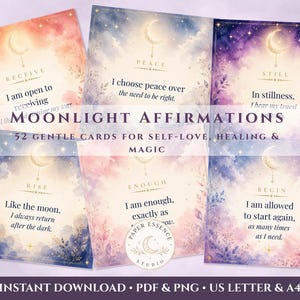 Printable Affirmation Cards, 52 Moonlight Self Love Cards, Moon Affirmations, Boho Affirmation Art, Witchy Printable PDF, Digital Download