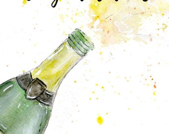 Felicitaciones_Tarjeta de acuarela pintada a mano con botella de champán