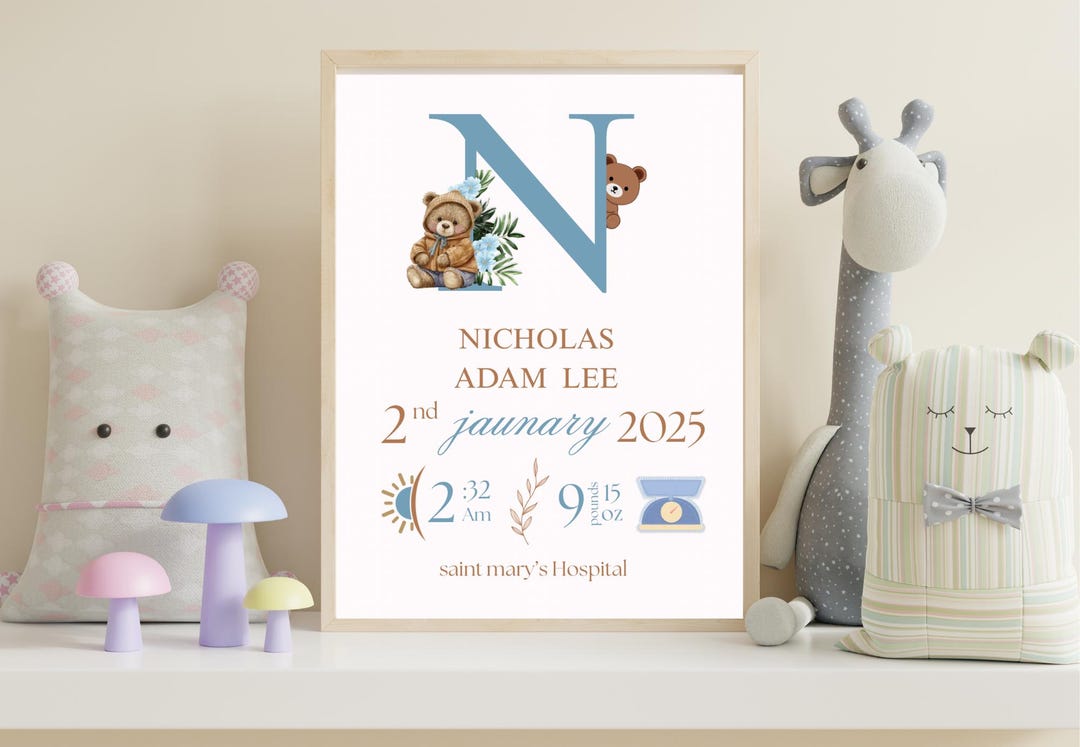 Personalized Nursery Wall Art , Custom Baby Name Print With Birth ...