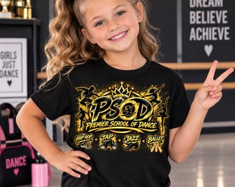 PSOD Youth Dance T-Shirt, Black & Gold Hip Hop Tap Jazz Ballet Tee