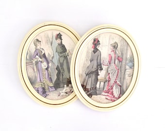 Antique Hand-Colored Engravings of 19th Century French Fashion Illustrations, 1876 Frank Leslie's Lady's Magazine, Framed  Ready to Display