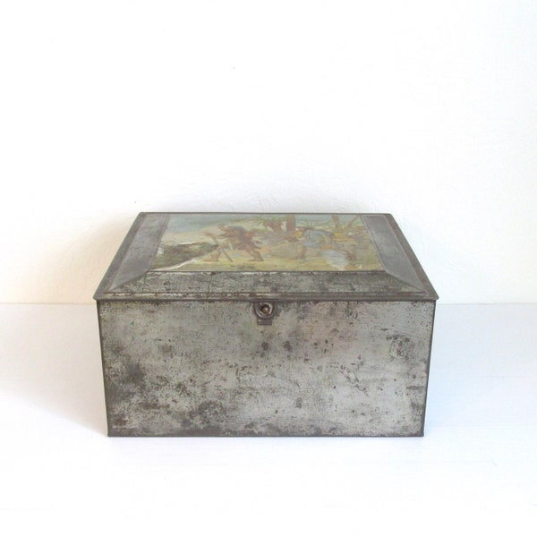 Vintage 1930's Tin, Cake Tin, Large Vintage Storage Tin, Rustic Farmhouse Tin Box, Craft Storage,Cookie Box Kitchen Storage, Farmhouse Decor