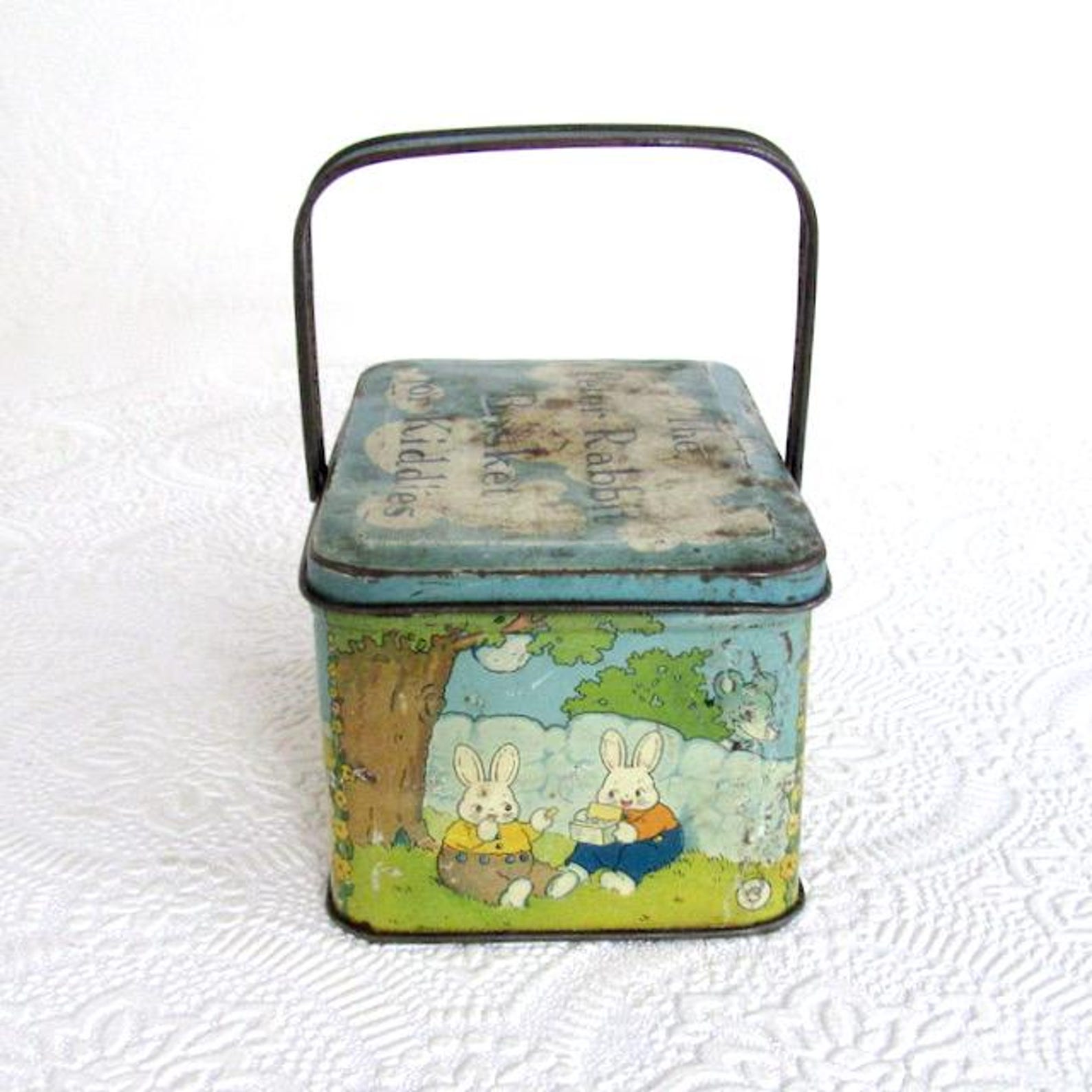 Sadter Rabbit Tin Antique 1920s Peter Rabbit Candy Tin Basket by Tindeco, Lithograph by ...