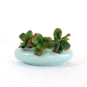 May include: A small, light blue ceramic planter with a speckled finish, holding several green succulents with red-tipped leaves. The planter has a rounded shape and sits on a white surface.