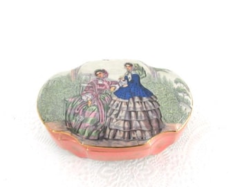 Porcelain Trinket Box with Victorian Ladies, Pink Shabby Chic Jewelry Box, Vintage Vanity Decor, Romantic Gift for Her