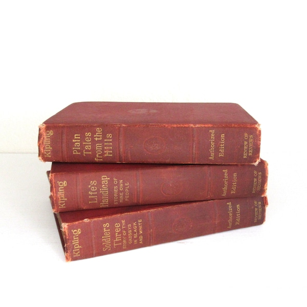 Vintage 1911 Rudyard Kipling Set of 3 Red Books, Vintage Book Decor, Book Lot, Vintage Book Set, Old Book Decor, Instant Library, Photo Prop