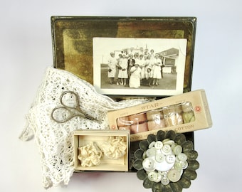 Grandma's Sewing Box, Antique Sewing Collectibles, Old Black and White Photo, Hand Crochet Lace Trim, Darning Thread,Scissors, Old Buttons