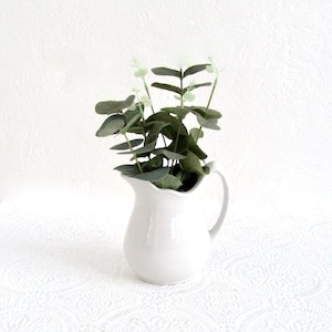 May include: A white ceramic pitcher with a handle, filled with green eucalyptus leaves and small white buds. The pitcher has a curved body and a ruffled rim. The arrangement is set against a white background.