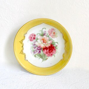 Vintage German Porcelain Serving Bowl – Bright Yellow Rim, Floral Center, Gold Trim – Cottagecore, Shabby Chic, Farmhouse Decor