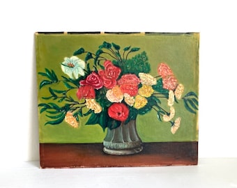 Vintage Oil Painting, Amateur Art Floral Still Life, 16 x 19 inch Oil Painting, Gallery Wall Art, Sunday Painter, Vintage Decor Wall Art