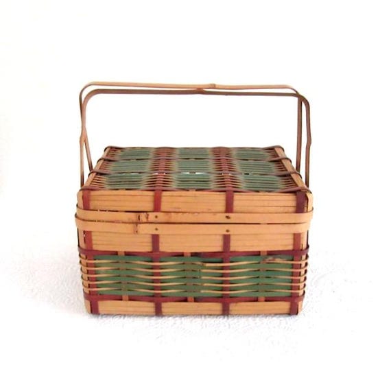 Woven Bamboo Picnic Basket, Vintage Cottagecore Decor, Rustic Farmhouse Storage, Craft Storage, Sewing Box, Summer Picnic Accent
