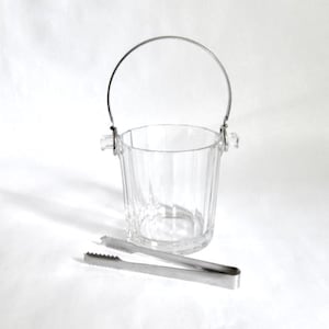 Mid-Century Modern Glass Ice Bucket with Silver Plate Handle & Chrome Tongs,Vintage Barware, Retro Cocktail Accessory,Vintage Bar Cart Decor