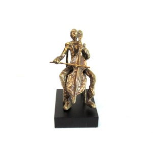 Vintage 1970s Metal Cello Player Sculpture, Mid Century Modern Figurine, Giacometti Style Musician Statue, Abstract Metal Art Decor