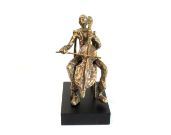 Vintage Modern Brass Sculpture of a Cello Player reminiscent of Giacometti's Style, Mid Century Modern Design, 1970's Brass Statue
