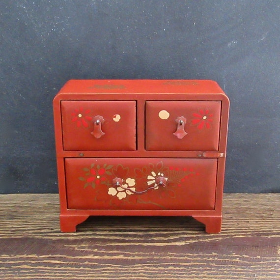 Vintage Asian Inspired Jewelry Box3 Drawer Trinket Image 0