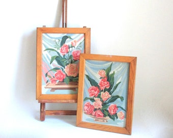 Vintage PBN Framed Art, Mid Century Roses Still Life, 16 x 12 Inches, Pair Framed Paint By Numbers, Mid Century Decor,Retro 1950s Wall Decor