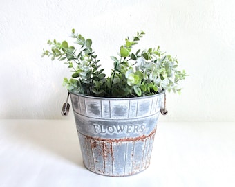 Vintage Rusty Metal Flower Bucket, Old Galvanized Pail for Flowers, Farmhouse Decor