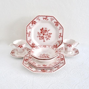 Nikko Bittersweet Pattern Dinnerware Set for Two, Vintage Red Transferware, Farmhouse Decor,  Cottagecore Tableware