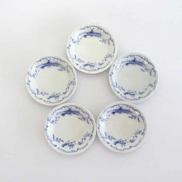 Antique Ironstone Delft Style Blue and White Butter Pat Dish, Set of 5, Sail Boat and Windmill Delft Design Transferware Butter Pats