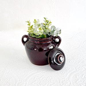 May include: A dark burgundy ceramic jar with two handles and a matching lid. The jar is filled with green and white faux greenery. The lid is placed next to the jar. The jar has a glossy finish.