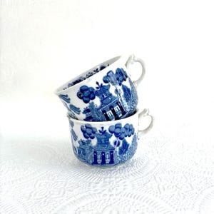 Antique Blue Willow Teacups Pair, English Blue & White Transferware Tea Cups, Victorian Cottagecore Decor, Ironstone Tea Party Cups