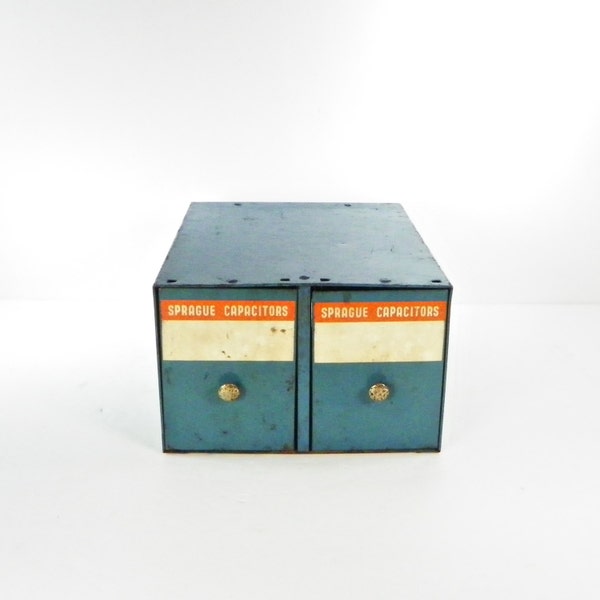 Vintage Two Drawer Metal Box, Sprague Capacitors, Industrial Storage, Craft Box