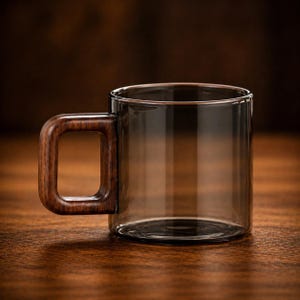 Könnte beinhalten: Ein klarer Glasbecher mit einem dunklen Holzgriff. Der Becher hat eine zylindrische Form und einen quadratischen Griff aus dunklem Holz. Er steht auf einer Holzoberfläche. Der Becher ist etwa 10 cm hoch.