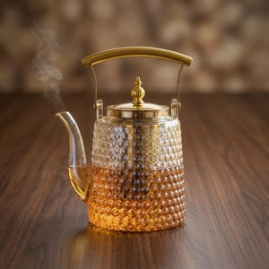 Puede incluir: Una tetera de cristal transparente con un patrón de panal texturizado, llena de líquido ámbar. Presenta una tapa de metal dorado con un remate decorativo, un asa arqueada a juego de color dorado y un pico curvo que emite vapor.
