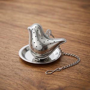 Puede incluir: Un infusor de té con forma de pájaro de acero inoxidable, con una pequeña base de platillo y una cadena. El infusor tiene pequeños agujeros y una abertura con bisagras para las hojas de té. El pájaro está posado sobre un platillo pequeño y redondo de acero inoxidable.