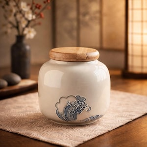 以下が含まれることがあります： 木製の蓋が付いたクリーム色のセラミックジャー。ジャーには青とグレーの波模様があります。ジャーは模様入りのベージュ色の表面に置かれています。背景には花が入った濃い色の花瓶があります。