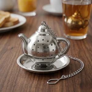 Pode incluir: Infusor de chá em forma de bule de aço inoxidável com um pires a condizer. O infusor tem uma corrente e uma pega para facilitar a utilização. O infusor de bule está sobre uma superfície de madeira.