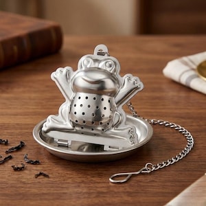 Pode incluir: Um infusor de chá em forma de sapo feito de aço inoxidável. O infusor apresenta um design de sapo com um corpo perfurado para infusão de folhas de chá. Inclui uma pequena corrente e um gancho para fácil remoção de uma caneca. O infusor assenta num pires pequeno e redondo.