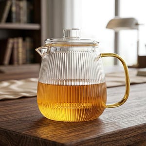 Peut inclure: Une théière en verre transparent avec une texture côtelée verticale, un couvercle en verre assorti et une poignée dorée polie. La théière est remplie d'un liquide ambré doré, présentant une base large et un bec verseur intégré court.