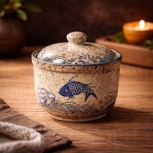 May include: A ceramic jar with a lid, featuring a blue fish design and wave patterns. The jar has a speckled, tan background and a small knob on top. The design is reminiscent of traditional Asian pottery.