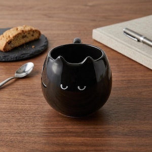 Peut inclure: Une tasse en céramique noire en forme de tête de chat, avec des yeux blancs incurvés et une petite anse. La tasse est posée sur une surface en bois, avec une cuillère et un biscotti sur une assiette noire en arrière-plan.