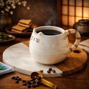 Peut inclure: Une tasse en céramique blanche en forme de chat remplie de café noir fumant. La tasse a une anse rayée et des détails de visage de chat. Des grains de café et une cuillère dorée sont sur une surface en bois.