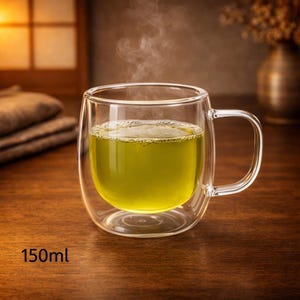 Peut inclure: Une tasse en verre à double paroi transparente remplie de thé vert, avec de la vapeur qui s'élève du dessus. La tasse a une anse et repose sur une surface en bois. Le texte "150ml" est visible.
