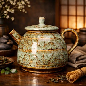 May include: A ceramic teapot with a textured, crackled glaze in shades of green and brown. The teapot has a curved handle, a spout, and a lid with a small knob. The teapot is sitting on a wooden surface, with tea leaves and a whisk nearby.
