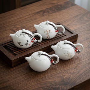 Mattvit keramiktekanna | Kinesisk Kung Fu-teservis, minimalistisk japansk stil