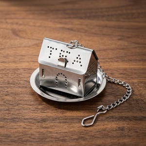May include: A stainless steel tea infuser shaped like a house, with the word "TEA" spelled out in the roof. The infuser sits on a small, round dish and is attached to a chain with a hook. The background is a wooden surface.