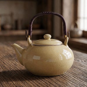 Handgeglazuurde keramische theepot met rotan handvat | Waterkoker met losse bladen van 900 ml