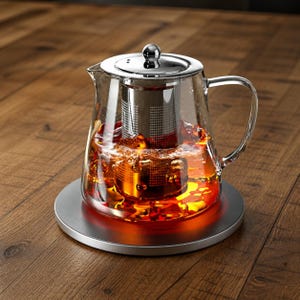 May include: A clear glass teapot with a stainless steel infuser and lid, filled with brewed tea. The teapot sits on a silver warming base, with a wooden background. The tea is a rich amber color.