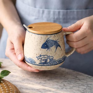 Mug en céramique - Style japonais rétro nordique (350 ml) avec couvercle et cuillère
