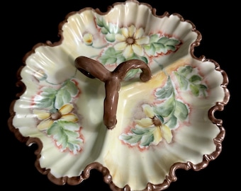 Vtg. Hand Painted and Signed Porcelain Divided Serving Dish.